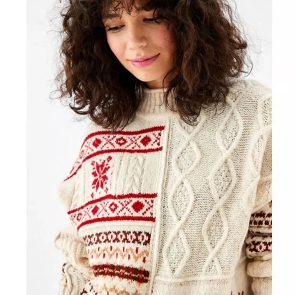 AE XL Mockneck 90s Favorite Cable Knit Patchwork Winter Holiday Slouchy Sweater